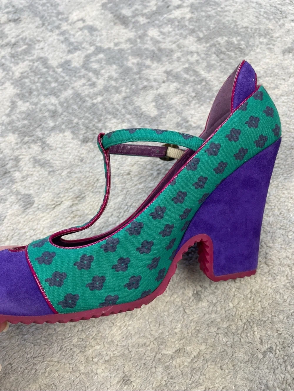 Vintage Marc Jacobs Purple Teal T-Strap Wedge Heels Retro Flower Sz 35.5